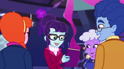 Size: 1280x720 | Tagged: safe, screencap, dax cobalt, ginger specs, rosette nebula, equestria girls, g4, twilight under the stars, spoiler:eqg series (season 2), background human, book, book signing, female, glasses, male, unnamed character, unnamed human