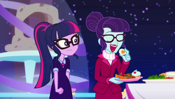 Size: 1280x720 | Tagged: safe, screencap, rosette nebula, sci-twi, twilight sparkle, equestria girls, g4, my little pony equestria girls: better together, twilight under the stars, buffet, eating, female, food, glasses, hair bun, hors d'oeuvre, open mouth, ponytail, wavy mouth