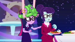 Size: 1280x720 | Tagged: safe, screencap, pinkie pie, rosette nebula, sci-twi, twilight sparkle, equestria girls, g4, my little pony equestria girls: better together, twilight under the stars, balloon, balloon animal, eating, female, food, glasses, hors d'oeuvre, offscreen character