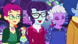 Size: 1280x720 | Tagged: safe, screencap, dax cobalt, derpy hooves, grassy knoll (g4), rosette nebula, equestria girls, g4, my little pony equestria girls: better together, twilight under the stars, background human, female, glasses, male, offscreen character, unnamed character, unnamed human