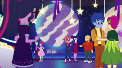 Size: 1280x720 | Tagged: safe, screencap, berrymint bounce, cherenkov blue, cosmo quark, dax cobalt, rosette nebula, sci-twi, thick coat, twilight sparkle, equestria girls, equestria girls series, g4, twilight under the stars, spoiler:eqg series (season 2), background human, female, male, unnamed character, unnamed human