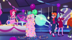 Size: 1280x720 | Tagged: safe, screencap, ginger specs, pinkie pie, rosette nebula, sci-twi, thick coat, twilight sparkle, equestria girls, g4, my little pony equestria girls: better together, twilight under the stars, bare shoulders, confetti, confetti-coated sci-twi, covered, female, hidden face, huggable, male, male pattern baldness, party cannon, sleeveless, strapless