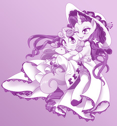Size: 1280x1379 | Tagged: safe, artist:dstears, rarity, sweetie belle, pony, unicorn, g4, aircraft carrier, anchor, azur lane, bow, clothes, crossover, cute, diasweetes, doll, dress, evening gloves, female, gloves, hat, illustrious (azur lane), long gloves, monochrome, one eye closed, pink background, raribetes, shoes, simple background, sisters, smiling, sun hat, toy, underhoof, unicorn (azur lane)