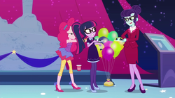 Size: 1280x720 | Tagged: safe, screencap, pinkie pie, rosette nebula, sci-twi, twilight sparkle, equestria girls, g4, my little pony equestria girls: better together, twilight under the stars, bare shoulders, female, glasses, ponytail, sci-twi outfits, sleeveless