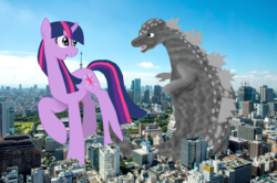Size: 3700x2450 | Tagged: safe, artist:mr100dragon100, twilight sparkle, kaiju, pony, g4, giant ponies in real life, giant pony, godzilla, godzilla (series), high res, irl, macro, photo, ponies in real life, request, tokyo