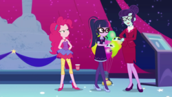 Size: 1280x720 | Tagged: safe, screencap, pinkie pie, rosette nebula, sci-twi, twilight sparkle, equestria girls, g4, my little pony equestria girls: better together, twilight under the stars, bare shoulders, sci-twi outfits, sleeveless, strapless