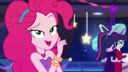 Size: 1280x720 | Tagged: safe, screencap, pinkie pie, rosette nebula, sci-twi, twilight sparkle, equestria girls, g4, my little pony equestria girls: better together, twilight under the stars, bare shoulders, bracelet, female, heart necklace, jewelry, sleeveless, strapless