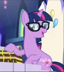 Size: 685x772 | Tagged: safe, screencap, sci-twi, twilight sparkle, pony, unicorn, equestria girls, equestria girls specials, g4, my little pony equestria girls: better together, my little pony equestria girls: spring breakdown, book, cropped, discovery family logo, equestria girls ponified, female, friendship throne, glasses, lidded eyes, open mouth, ponified, sitting, smiling, smug, unicorn sci-twi