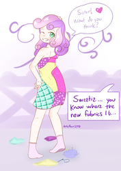 Size: 2480x3507 | Tagged: safe, artist:artyfour, sweetie belle, human, equestria girls, g4, bare shoulders, clothes, colored pupils, cute, dialogue, diasweetes, dress, fabric, female, heart, high res, humanized, implied rarity, one eye closed, pincushion, pixiv, pose, smiling, socks, solo, speech bubble, this will end in marshmelodrama, this will end in tears, wink