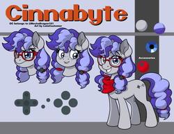 Size: 486x376 | Tagged: safe, artist:latecustomer, oc, oc only, oc:cinnabyte, earth pony, pony, angry, blushing, bow, controller, cutie mark, earth pony oc, embarrassed, female, glasses, hair bow, mare, neckerchief, pigtails, reference sheet, smiling, solo, standing