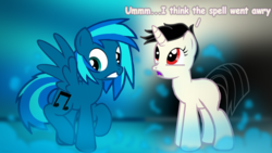 Size: 3840x2160 | Tagged: safe, artist:agkandphotomaker2000, dj pon-3, vinyl scratch, oc, oc:pony video maker, pegasus, pony, unicorn, g4, alternate hairstyle, blank flank, canon x oc, cutie mark swap, gone wrong, high res, magic dust, mane swap, spell, videoscratch