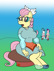 Size: 2496x3280 | Tagged: safe, aria blaze, fluttershy, sonata dusk, anthro, g4, apron, bow, cinderella, clothes, colored, crossover, female, general, glass, high res, ponytail, slippers