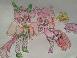 Size: 1040x780 | Tagged: safe, artist:trainerrichie, scootaloo, twist, earth pony, pegasus, g4, bunny suit, clothes, cuffs (clothes), female, fishnet stockings, glasses, lesbian, traditional art