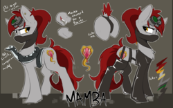 Size: 3064x1918 | Tagged: safe, artist:beardie, oc, oc only, oc:mamba, earth pony, pony, snake, clothes, dock, ear piercing, face mask, fangs, female, lidded eyes, mare, night vision goggles, piercing, reference sheet, solo
