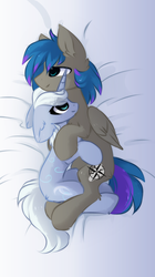 Size: 626x1114 | Tagged: safe, artist:php146, oc, oc only, oc:laconic nocturne, oc:moonbow, pegasus, pony, unicorn, bed, cuddling, cute, eye clipping through hair, female, happy, male, mare, snuggling, stallion