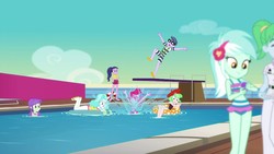 Size: 1920x1080 | Tagged: safe, screencap, baewatch, drama letter, lyra heartstrings, micro chips, paisley, pinkie pie, starlight, watermelody, equestria girls, equestria girls specials, g4, my little pony equestria girls: better together, my little pony equestria girls: spring breakdown, background human, clothes, feet, female, glasses, legs, lifeguard, male, one-piece swimsuit, sandals, swimming pool, swimsuit