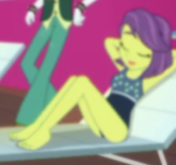 Size: 409x385 | Tagged: safe, screencap, scott green, victoria, equestria girls, equestria girls series, g4, spring breakdown, spoiler:eqg series (season 2), arm behind back, background human, barefoot, clothes, cropped, eyes closed, feet, female, offscreen character, swimsuit