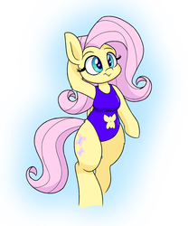 Size: 2000x2400 | Tagged: safe, artist:heir-of-rick, fluttershy, pegasus, semi-anthro, g4, adorasexy, arm behind head, arm hooves, belly button, blue swimsuit, breasts, chestbreasts, clothes, cute, eye lashes, female, high res, mare, navel cutout, one-piece swimsuit, sexy, shyabetes, smiling, solo, swimsuit