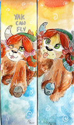 Size: 1024x1724 | Tagged: safe, artist:lailyren, yona, yak, g4, abstract background, bookmark, cloven hooves, cute, dialogue, female, one eye closed, solo, tongue out, traditional art, watercolor painting, wink, yonadorable