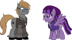 Size: 2000x1125 | Tagged: safe, artist:theeditormlp, oc, oc only, oc:prophetic prose, oc:the editor, earth pony, pegasus, pony, beanie, clothes, female, glasses, hat, male, mare, shirt, simple background, stallion, transparent background, vest