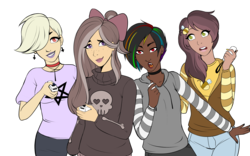 Size: 4753x2960 | Tagged: safe, artist:emberfan11, artist:icicle-niceicle-1517, color edit, edit, oc, oc only, oc:goth mocha, oc:marigold bloom, oc:night rainbow, oc:sketchy fang, bee, human, vampire, bone, bow, choker, clothes, collaboration, colored, cross, dark skin, ear piercing, earring, eyebrow piercing, fangs, female, freckles, hair bow, hairpin, heart, hoodie, humanized, humanized oc, jeans, jewelry, joycon, lipstick, multicolored hair, nail polish, nintendo switch, open mouth, pants, pentagram, piercing, rainbow hair, shirt, simple background, skirt, skull, sweater, t-shirt, transparent background