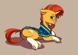 Size: 3191x2256 | Tagged: safe, artist:yoditax, sunburst, pony, unicorn, g4, blushing, butt, cape, clothes, dock, frog (hoof), glasses, high res, lying, male, plot, prone, simple background, solo, stallion, underhoof