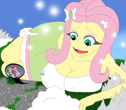 Size: 1700x1488 | Tagged: safe, artist:final7darkness, fluttershy, pinkie pie, rainbow dash, equestria girls, g4, april fools, big breasts, breasts, busty fluttershy, female, giantess, huge breasts, macro, plane, solo focus