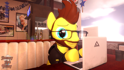 Size: 1280x720 | Tagged: safe, artist:sky chaser, oc, oc only, oc:sky chaser, pegasus, pony, 3d, beard, clothes, computer, facial hair, glasses, hoodie, laptop computer, male, smiling, source filmmaker, stallion