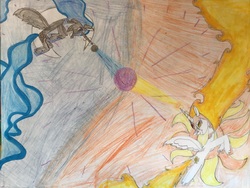 Size: 3264x2448 | Tagged: safe, artist:asiandra dash, daybreaker, nightmare moon, pony, g4, blue eyes, colored pencil drawing, day, duo, fight, gem, helmet, high res, hoof shoes, magic, marker drawing, moon, night, orange eyes, pencil drawing, ruby, sun, traditional art