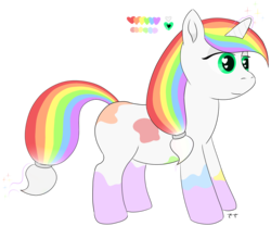 Size: 2400x2000 | Tagged: safe, artist:poniidesu, oc, oc only, oc:paint drops, pony, unicorn, blank flank, female, filly, green eyes, high res, horn, magic, mane, mare, rainbow, rainbow hair, rainbow tail, reference sheet, side view, simple background, solo, tail, transparent background, white coat