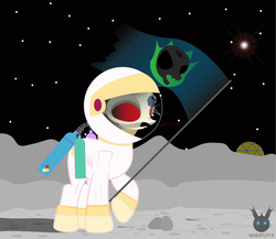 Size: 2932x2550 | Tagged: safe, artist:wheatley r.h., oc, oc only, earth pony, pony, skeleton pony, comic:sturdy oddity, astronaut, bone, cosmonaut, crack, ether tank, flag, high res, living dead, moon, nitrogen tank, on the moon, red eyes, rock, single panel, skeleton, solo, space, spacesuit, sparkles, stars, vector, watermark