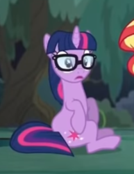Size: 316x409 | Tagged: safe, screencap, sci-twi, sunset shimmer, twilight sparkle, pony, unicorn, equestria girls, equestria girls specials, g4, my little pony equestria girls: better together, my little pony equestria girls: spring breakdown, cropped, equestria girls ponified, female, glasses, open mouth, ponified, sitting, unicorn sci-twi