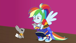 Size: 1920x1080 | Tagged: safe, screencap, mr. bouncy, rainbow dash, rabbit, equestria girls, equestria girls specials, g4, my little pony equestria girls: better together, my little pony equestria girls: spring breakdown, baby, female, holding, lifejacket, male, ponied up, smiling, super ponied up, wings