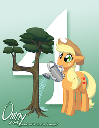 Size: 800x1035 | Tagged: safe, artist:omny87, applejack, earth pony, pony, g4, season 9, 4, applejack's hat, countdown, cowboy hat, female, freckles, hat, hype, mare, mouth hold, solo, tree, watering can