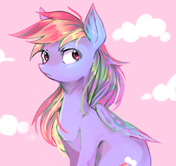 Size: 762x720 | Tagged: safe, artist:mequiloano, rainbow dash, pegasus, pony, g4, cloud, cute, dashabetes, ear fluff, female, mare, pink background, simple background, solo