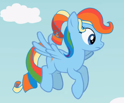 Size: 407x339 | Tagged: safe, screencap, rainbow dash, rarity, pony, let's switch bodies, g4, alternate hairstyle, body swap, cloud, eye swap, female, flying, mare, solo
