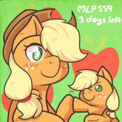 Size: 500x500 | Tagged: safe, artist:kingkero, applejack, earth pony, pony, g4, season 9, blushing, colored pupils, countdown, cowboy hat, cute, cutie mark background, duality, female, filly, filly applejack, hair over one eye, hat, hoofbump, hype, jackabetes, mare, season 9 countdown, self ponidox, younger