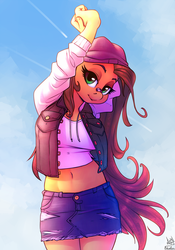 Size: 910x1300 | Tagged: safe, alternate version, artist:atryl, artist:siden, oc, oc only, oc:pumpkin lily, earth pony, anthro, anthro oc, arm behind head, beanie, belly button, clothes, collaboration, cute, denim skirt, female, hat, looking at you, mare, midriff, miniskirt, ocbetes, shirt, short shirt, skirt, solo, stretching, ych result