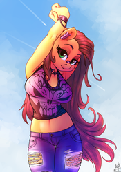 Size: 910x1300 | Tagged: safe, alternate version, artist:atryl, artist:siden, oc, oc only, oc:pumpkin lily, earth pony, anthro, anthro oc, arm behind head, armpits, breasts, clothes, collaboration, female, looking at you, mare, shirt, solo, stretching, ych result
