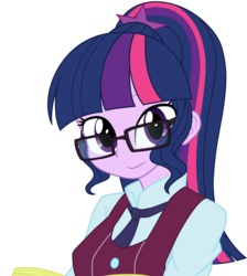 Size: 7000x7800 | Tagged: dead source, safe, artist:caibaoreturn, artist:pink1ejack, color edit, edit, sci-twi, twilight sparkle, equestria girls, friendship games, g4, absurd resolution, book, clothes, colored, crystal prep academy uniform, female, glasses, looking at you, ponytail, school uniform, simple background, smiling, solo, transparent background, vector