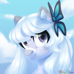 Size: 3000x3000 | Tagged: safe, artist:nika-rain, oc, oc only, butterfly, pony, bust, cloud, commission, cute, female, high res, portrait, simple background, smiling, solo