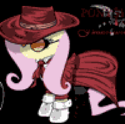 Size: 750x747 | Tagged: artist needed, safe, edit, editor:undeadponysoldier, fluttershy, pegasus, pony, g4, alucard, alushy, black background, boots, boots on hooves, clothes, female, grin, hat, pimp, pimp hat, pixel art, shoes, simple background, smiling, solo, sunglasses