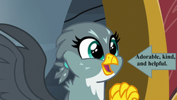 Size: 1280x720 | Tagged: safe, edit, edited screencap, editor:korora, screencap, gabby, griffon, g4, the fault in our cutie marks, arrow, captain obvious, cute, gabbybetes, griffonstone, smiling, text