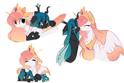 Size: 1920x1280 | Tagged: dead source, safe, artist:php146, artist:sketchfluffy, princess celestia, queen chrysalis, alicorn, changeling, changeling queen, pony, g4, boop, chest fluff, colored wings, colored wingtips, eye clipping through hair, female, lesbian, mare, noseboop, pink-mane celestia, ship:chryslestia, shipping, smiling