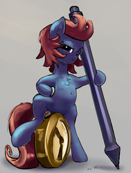Size: 2829x3744 | Tagged: safe, artist:xbi, oc, oc only, oc:quick draw, earth pony, pony, clock, female, gradient background, high res, mare, solo, tablet pen, wacom, wacom pen