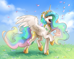 Size: 1500x1200 | Tagged: safe, artist:cosmalumi, princess celestia, alicorn, pony, g4, cute, cutelestia, eyes closed, female, floral head wreath, floral necklace, flower, flower petals, happy, mare, raised leg, smiling, solo, spread wings, spring, wings