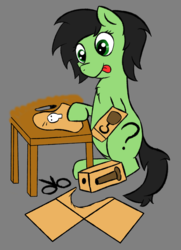 Size: 2388x3300 | Tagged: safe, artist:prncsk, oc, oc:filly anon, pony, cardboard, cardboard cutout, chest fluff, female, filly, gray background, high res, hook hand, marker, peg leg, pirate, pirate costume, prosthetics, scissors, simple background, sitting, smiling, table, tongue out