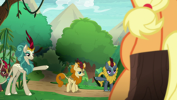 Size: 1920x1080 | Tagged: safe, edit, edited screencap, screencap, applejack, autumn afternoon, cinder glow, rain shine, summer flare, winter flame, kirin, pony, g4, sounds of silence, pointing