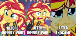 Size: 900x428 | Tagged: safe, edit, edited screencap, screencap, sunset shimmer, equestria girls, equestria girls specials, g4, my little pony equestria girls, my little pony equestria girls: better together, my little pony equestria girls: rollercoaster of friendship, adorable face, angry, avengers, avengers: endgame, avengers: infinity war, before and after, caption, clothes, crying, cute, fangirl, geode of empathy, image macro, it's not about the parakeet, jacket, magical geodes, meme, messy hair, sad, sunsad shimmer, text