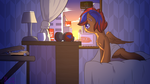 Size: 1366x768 | Tagged: safe, artist:jerryenderby, oc, oc only, oc:dj, pegasus, pony, bed, bedroom, bedsheets, building, city, cityscape, cup, food, headphones, in bed, lamp, light, looking up, lying, morning, mug, phone, pizza, product placement, solo, sun, sunrise, table, train station, wake up, waking up, wallpaper, window